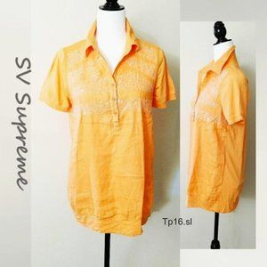 Blouse Linen Blend Orange Shirt Top Sequin Short Sleeved Buttoned Collar Lined